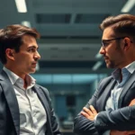 Two professionals in modern office setting with tension and chemistry, dramatic lighting, professional attire, competitive atmosphere, no UI or text elements