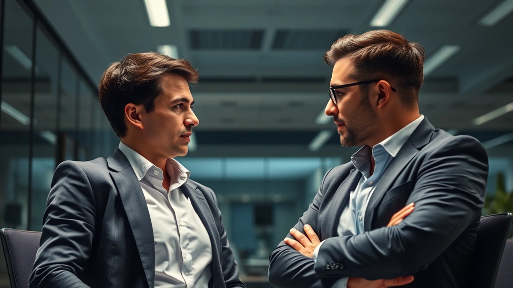 Two professionals in modern office setting with tension and chemistry, dramatic lighting, professional attire, competitive atmosphere, no UI or text elements