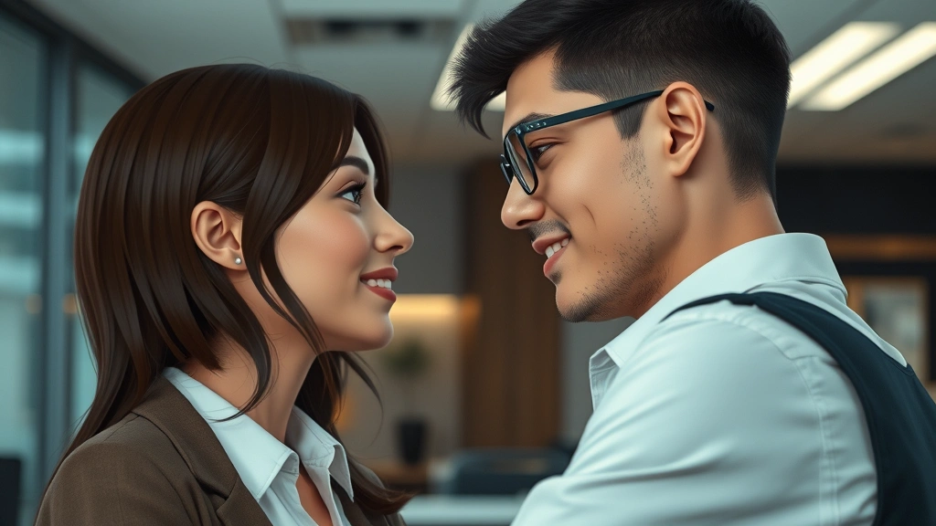 Close-up of two characters sharing a meaningful moment in an office environment, emotional connection, subtle expression of affection, contemporary workplace setting, photorealistic