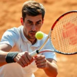 Professional tennis player executing a perfect forehand drive with intense focus, sweat visible, dynamic action shot mid-stroke on clay court under bright sunlight, photorealistic detail