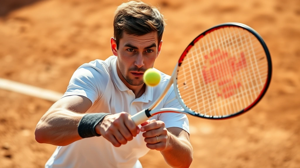 Professional tennis player executing a perfect forehand drive with intense focus, sweat visible, dynamic action shot mid-stroke on clay court under bright sunlight, photorealistic detail