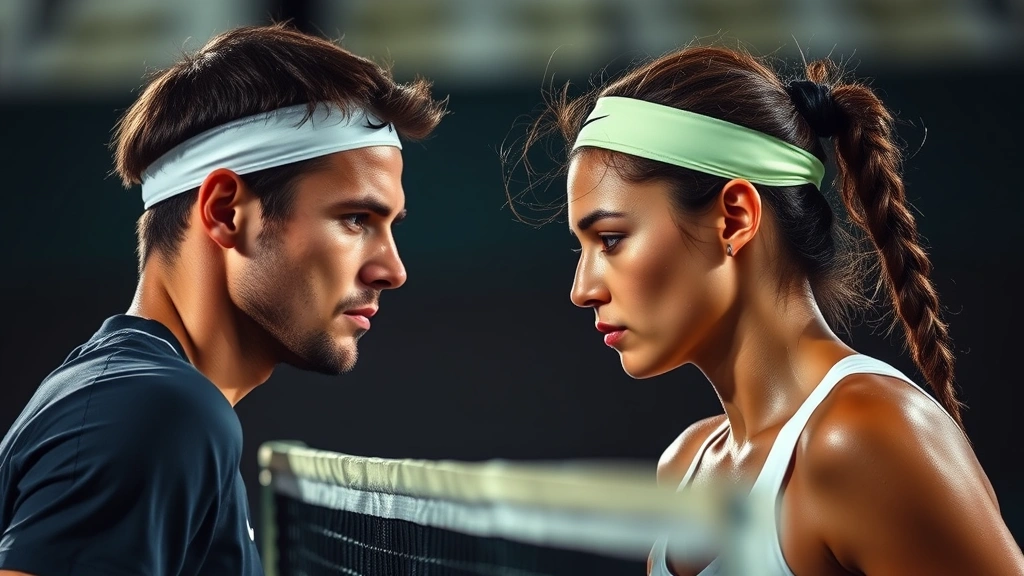 Competitive tennis match moment showing two players at net, intense concentration on their faces, professional lighting, court details sharp, psychological intensity and competitive spirit evident