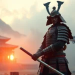 Samurai warrior in traditional armor standing in misty mountain temple at sunrise, holding katana sword, photorealistic detailed armor and environment, cinematic lighting