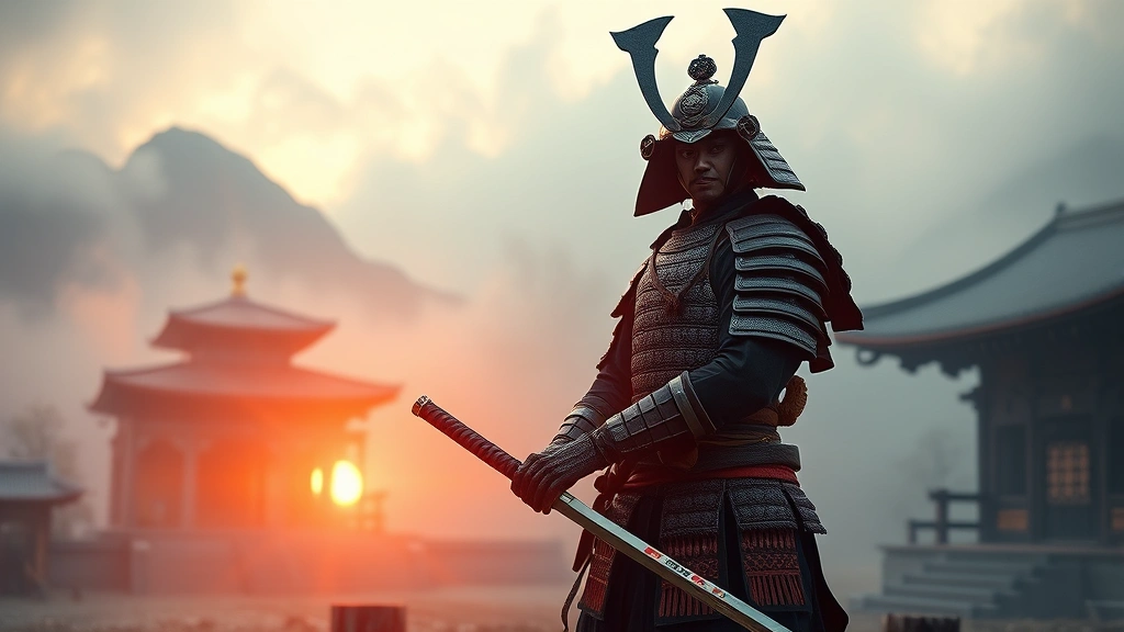 Samurai warrior in traditional armor standing in misty mountain temple at sunrise, holding katana sword, photorealistic detailed armor and environment, cinematic lighting