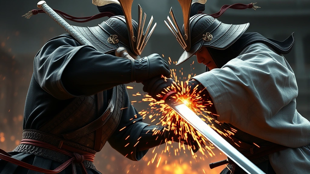Close-up of intense sword duel between two samurai fighters, dynamic action pose with sparks flying from clashing blades, atmospheric battle scene, professional game screenshot quality