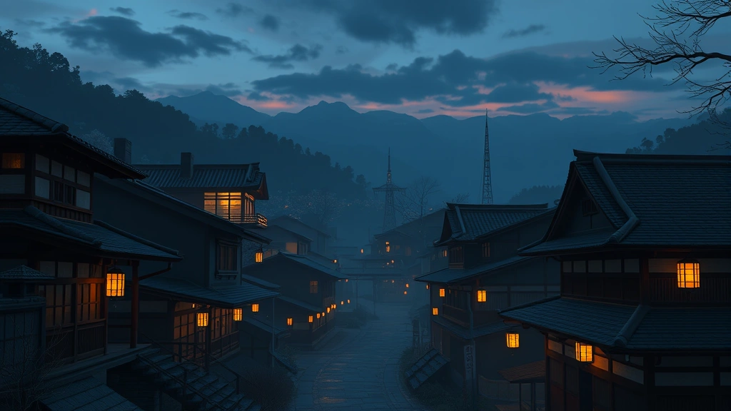 Serene Japanese village landscape at dusk with traditional architecture, lanterns glowing, misty mountains in background, peaceful atmospheric gaming environment, photorealistic details