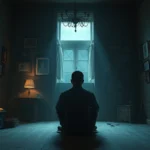 A person sitting in a dimly lit room surrounded by mysterious objects and photographs on the walls, creating an intense atmosphere of psychological tension and confinement, photorealistic, cinematic lighting, no UI elements