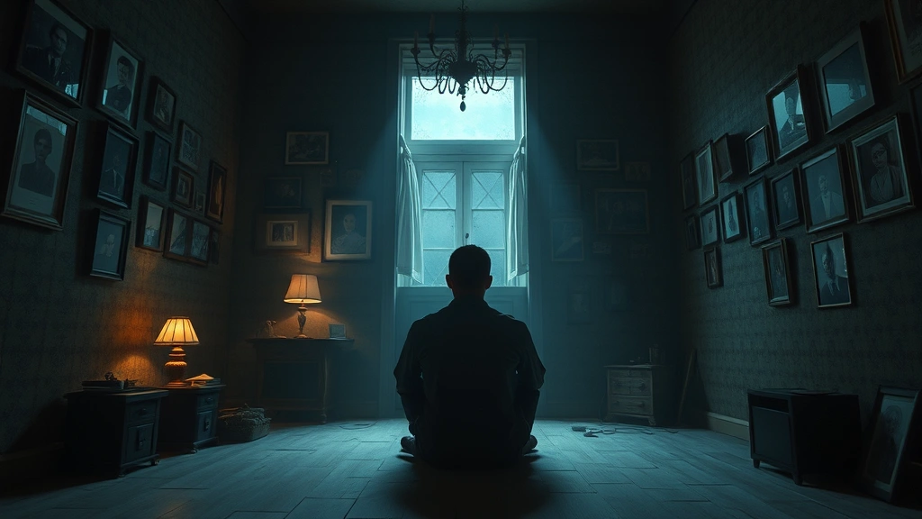 A person sitting in a dimly lit room surrounded by mysterious objects and photographs on the walls, creating an intense atmosphere of psychological tension and confinement, photorealistic, cinematic lighting, no UI elements