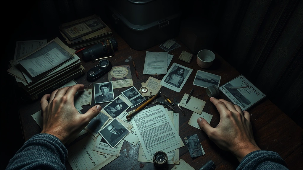Hands examining scattered clues and evidence scattered across a table, including old photographs, documents, and personal items in a confined space, photorealistic detail, moody atmosphere, no game interface visible