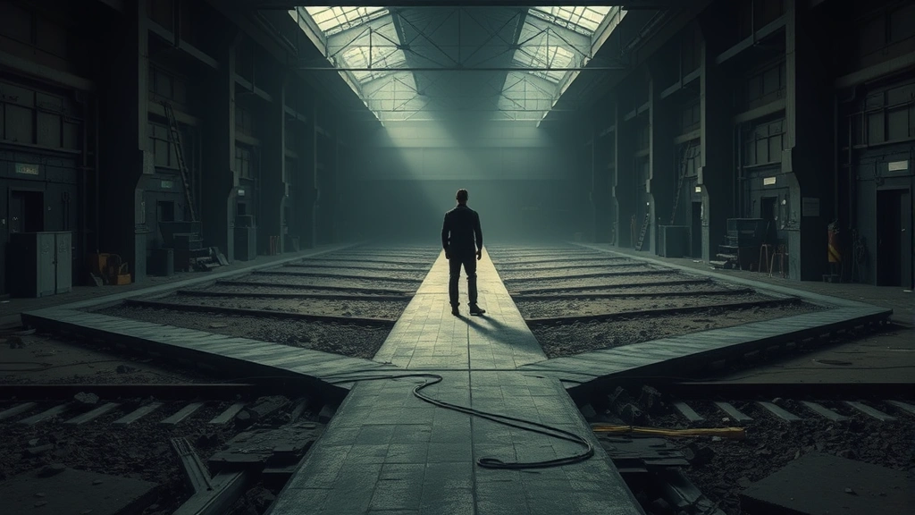 A figure standing at a crossroads or decision point in an industrial setting with multiple paths ahead, conveying psychological tension and the weight of important choices, photorealistic, atmospheric lighting, no text or UI elements