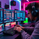 Professional gamer intensely focused at gaming setup, hands on keyboard and mouse, multiple monitors displaying numerical puzzle interfaces, neon RGB lighting, photorealistic office environment, competitive gaming atmosphere