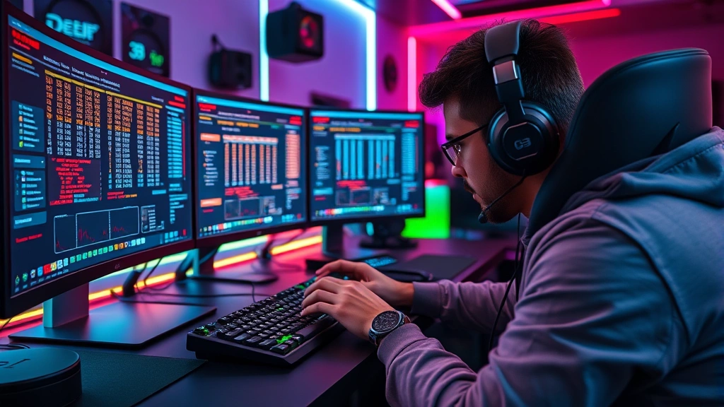 Professional gamer intensely focused at gaming setup, hands on keyboard and mouse, multiple monitors displaying numerical puzzle interfaces, neon RGB lighting, photorealistic office environment, competitive gaming atmosphere