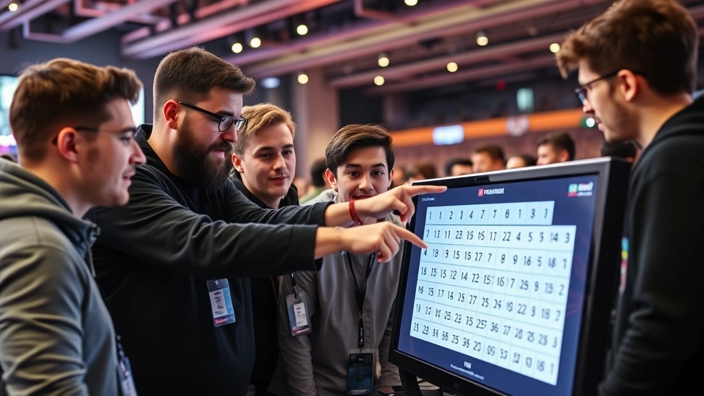 Diverse group of players collaborating on puzzle solution at gaming tournament, pointing at screen displaying complex number grid, professional esports venue lighting, focused expressions, team coordination
