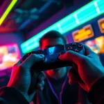 First-person perspective of a gamer holding a controller, immersed in gameplay, vibrant neon colors reflecting on their face, atmospheric gaming environment with LED lighting