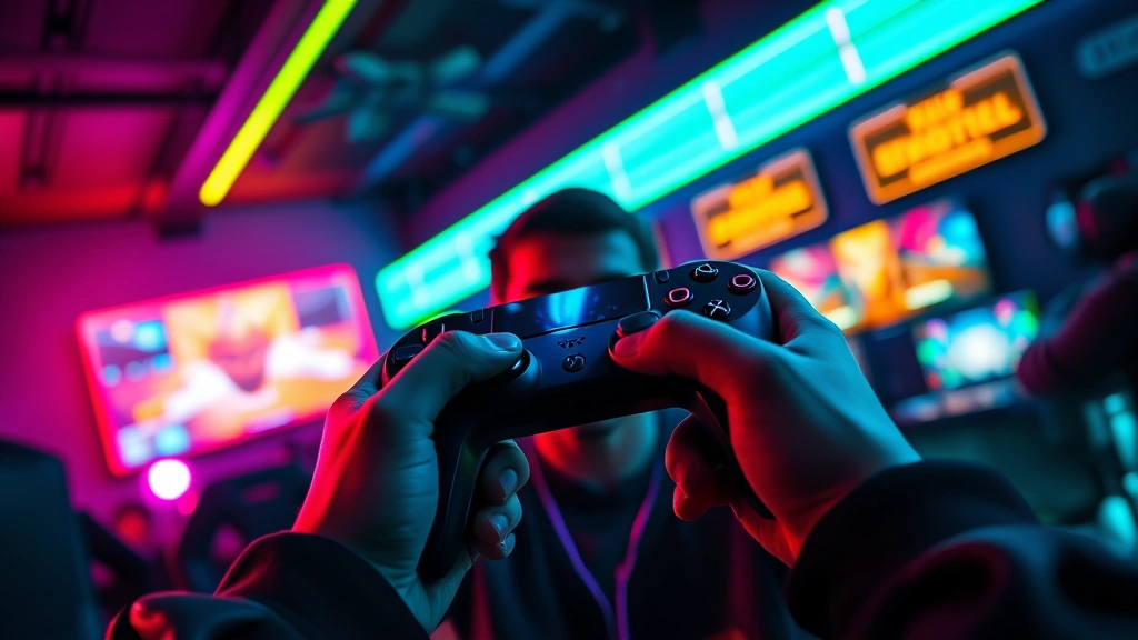 First-person perspective of a gamer holding a controller, immersed in gameplay, vibrant neon colors reflecting on their face, atmospheric gaming environment with LED lighting