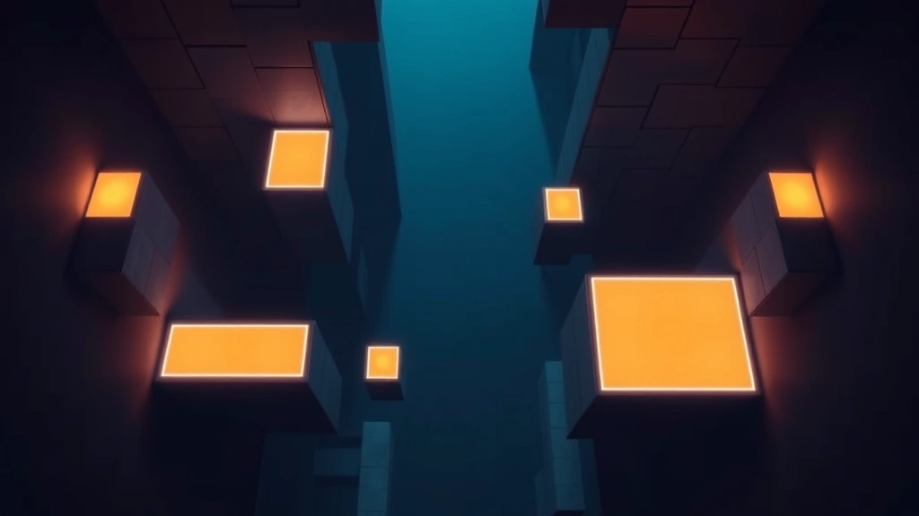 Overhead view of a puzzle-platformer level with geometric shapes, glowing platforms suspended in space, minimalist aesthetic with contrasting colors, no UI elements visible