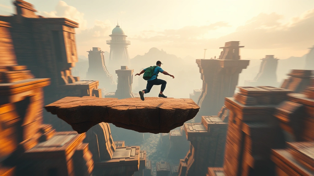 Split-screen showing player character mid-jump between floating platforms, dynamic motion blur, cinematic lighting with warm and cool color tones, no text or menus