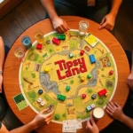Overhead view of Tipsy Land board game in progress with four players seated around table, colorful game pieces on various board spaces, dice visible, casual evening lighting, everyone smiling and engaged with drinks nearby but not prominently featured