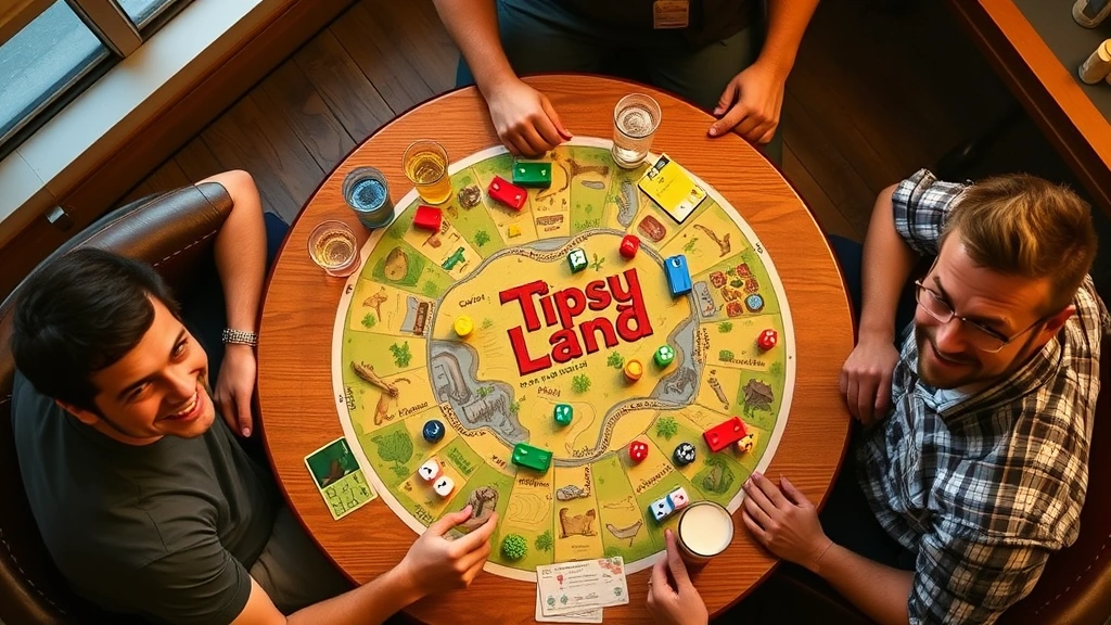 Overhead view of Tipsy Land board game in progress with four players seated around table, colorful game pieces on various board spaces, dice visible, casual evening lighting, everyone smiling and engaged with drinks nearby but not prominently featured