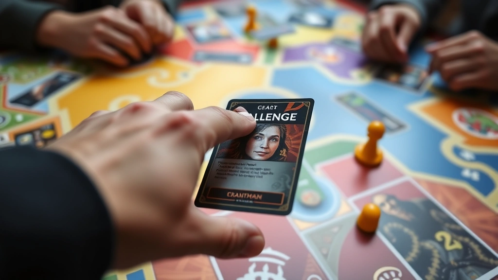 Close-up action shot showing player reaching toward a challenge card while other hands visible around the board, game pieces and colorful board sections in background, dynamic moment capturing active gameplay without showing any game text or UI elements clearly