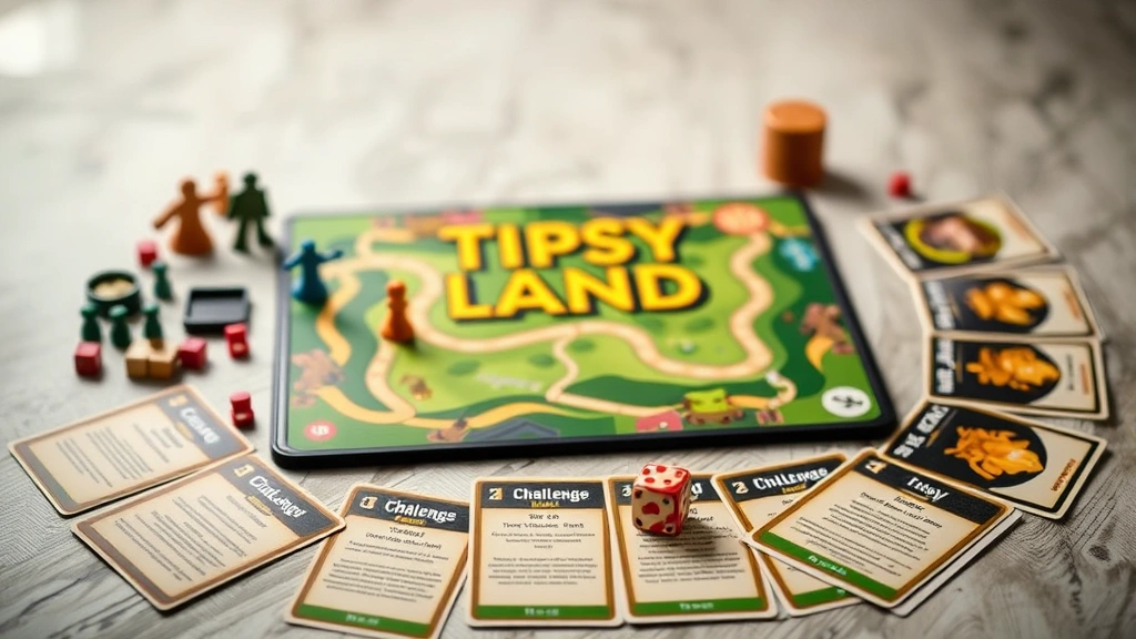 Flat lay photography of Tipsy Land game components including board, game pieces, challenge cards spread out, and dice arranged artfully, with subtle bokeh background suggesting party atmosphere, all components clearly visible but no readable text on cards