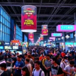 Crowded gaming convention floor with thousands of attendees exploring colorful gaming booths and demo stations, vibrant neon signs, excited gamers holding controllers, modern venue with high ceilings, Tokyo cityscape visible through windows, daytime bright lighting