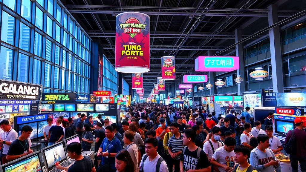 Crowded gaming convention floor with thousands of attendees exploring colorful gaming booths and demo stations, vibrant neon signs, excited gamers holding controllers, modern venue with high ceilings, Tokyo cityscape visible through windows, daytime bright lighting