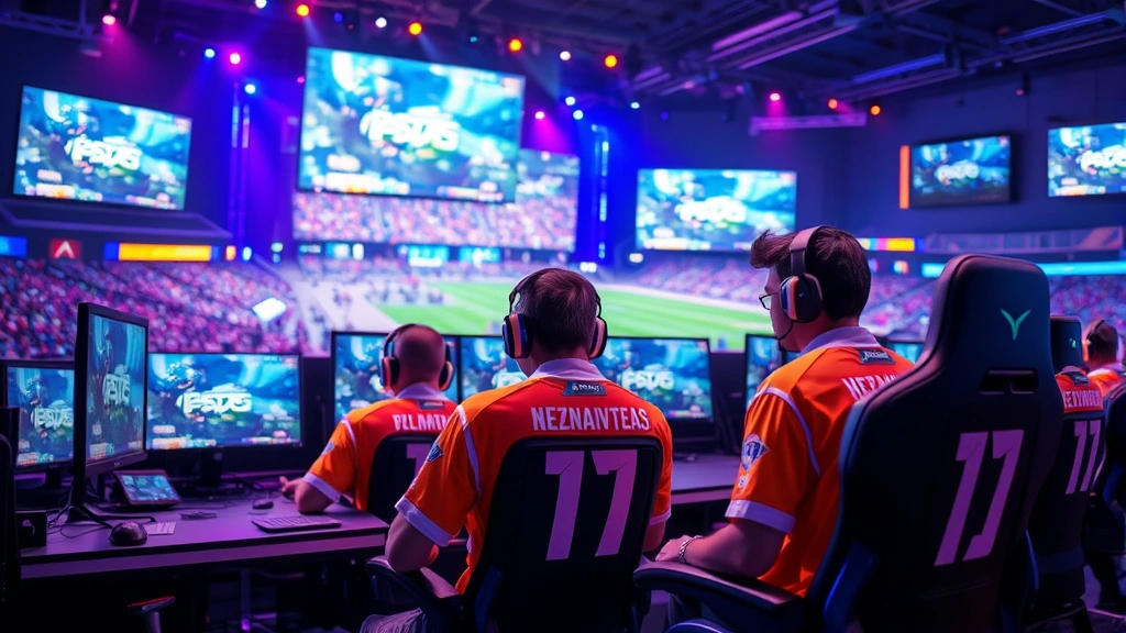 Professional esports players sitting at gaming computers wearing team jerseys in a modern arena with RGB lighting and large screens displaying competitive gameplay