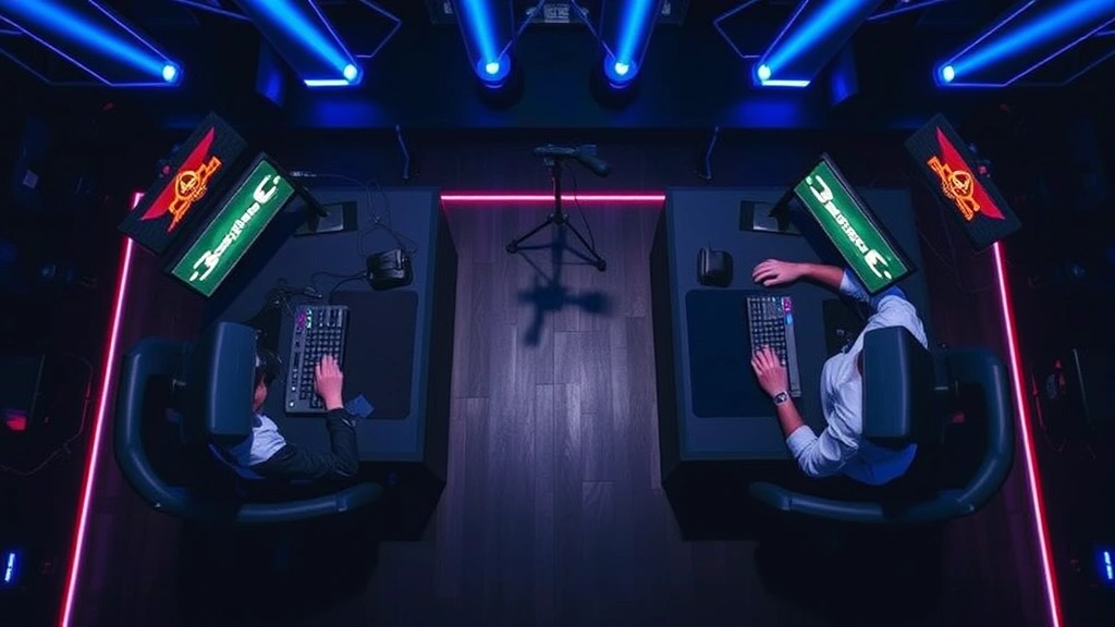 Overhead view of a professional gaming tournament stage with two teams seated opposite each other at custom gaming desks with keyboards and mice, intense focus on their faces