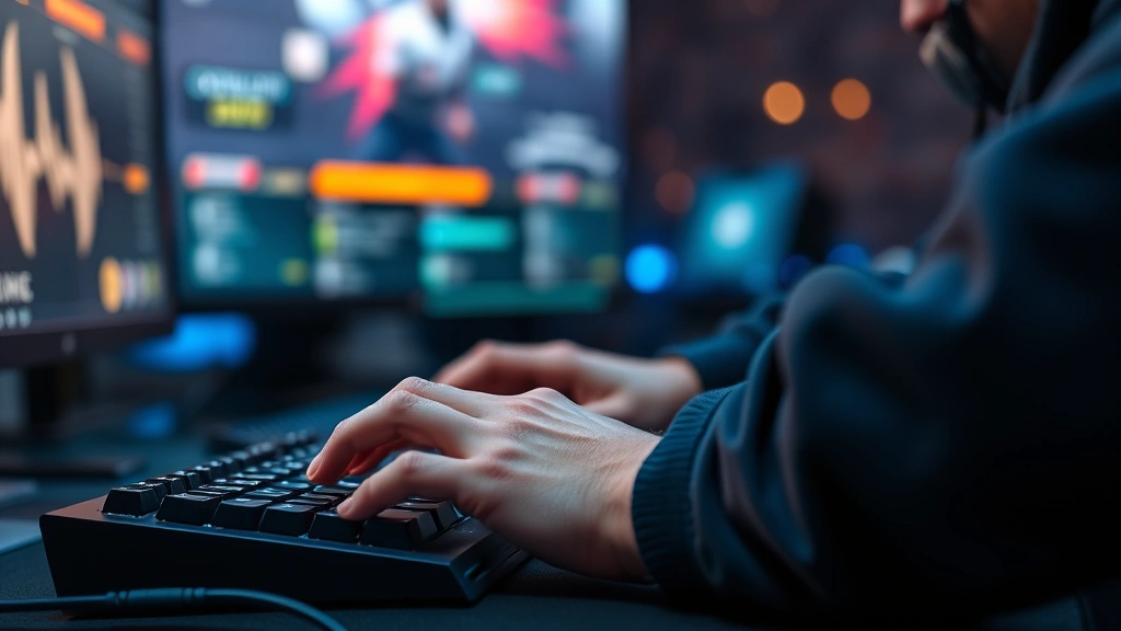 Close-up of professional esports player's hands on gaming keyboard and mouse during intense competitive match with blurred game screen in background