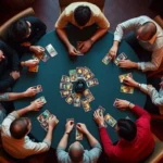 Overhead view of a tabletop gaming table with multiple players seated around it playing card games, colorful card decks visible, warm lighting illuminating focused faces and game components, cozy gaming venue atmosphere
