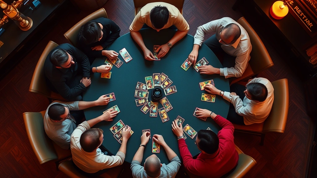 Overhead view of a tabletop gaming table with multiple players seated around it playing card games, colorful card decks visible, warm lighting illuminating focused faces and game components, cozy gaming venue atmosphere