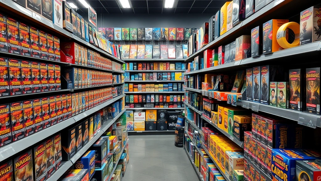 Shelves lined with trading card game booster boxes, board game boxes, and gaming accessories organized by color and type, bright retail lighting reflecting off product packaging, modern game store interior design