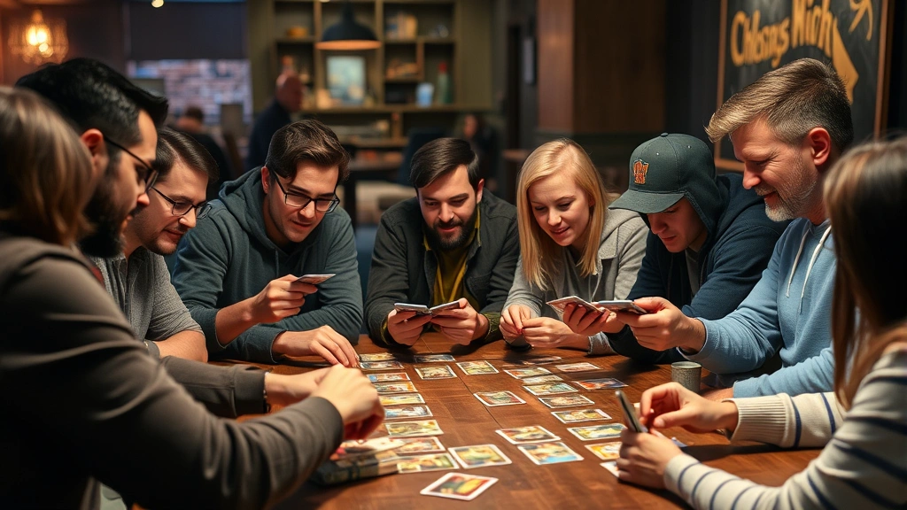 Diverse group of gamers of different ages gathered around a large gaming table, studying their cards intently with expressions of concentration and excitement, casual gaming night atmosphere with comfortable seating and good lighting