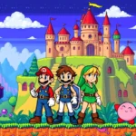 A vibrant pixel art scene showing iconic SNES game characters including Mario, Link, Samus, and Kirby standing together in an 8-bit landscape with colorful platforms, castles, and fantastical environments