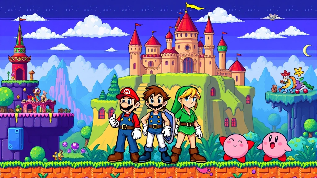 A vibrant pixel art scene showing iconic SNES game characters including Mario, Link, Samus, and Kirby standing together in an 8-bit landscape with colorful platforms, castles, and fantastical environments