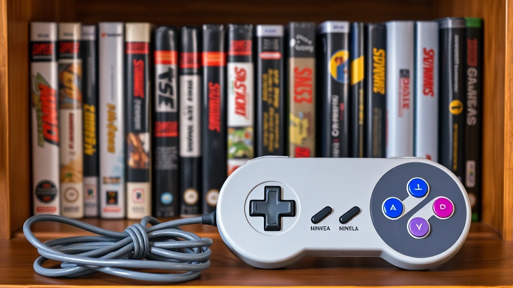 A nostalgic collection of original SNES game cartridges arranged on a wooden shelf, with their distinctive colorful labels visible, alongside a classic gray SNES controller with authentic cable in the foreground