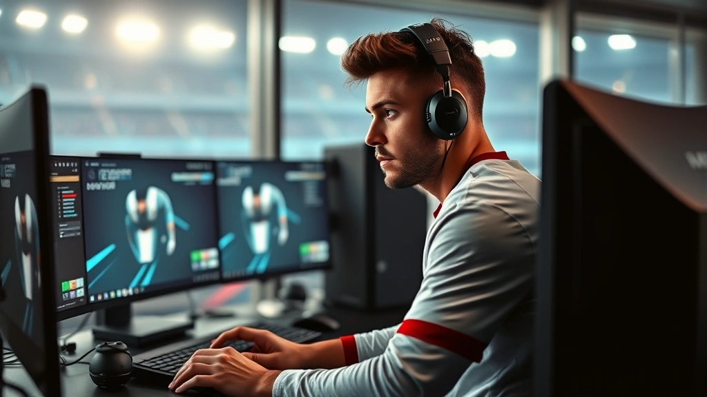Professional football player in modern gaming setup with high-end PC equipment and multiple monitors, intense focused expression during competitive gaming session, stadium lights visible through window