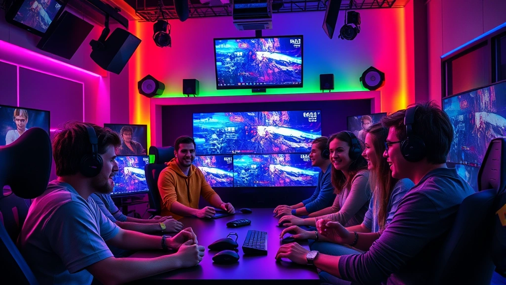 Diverse group of passionate gamers streaming together in professional studio environment, colorful RGB lighting, multiple screens displaying gameplay, genuine collaborative excitement and engagement