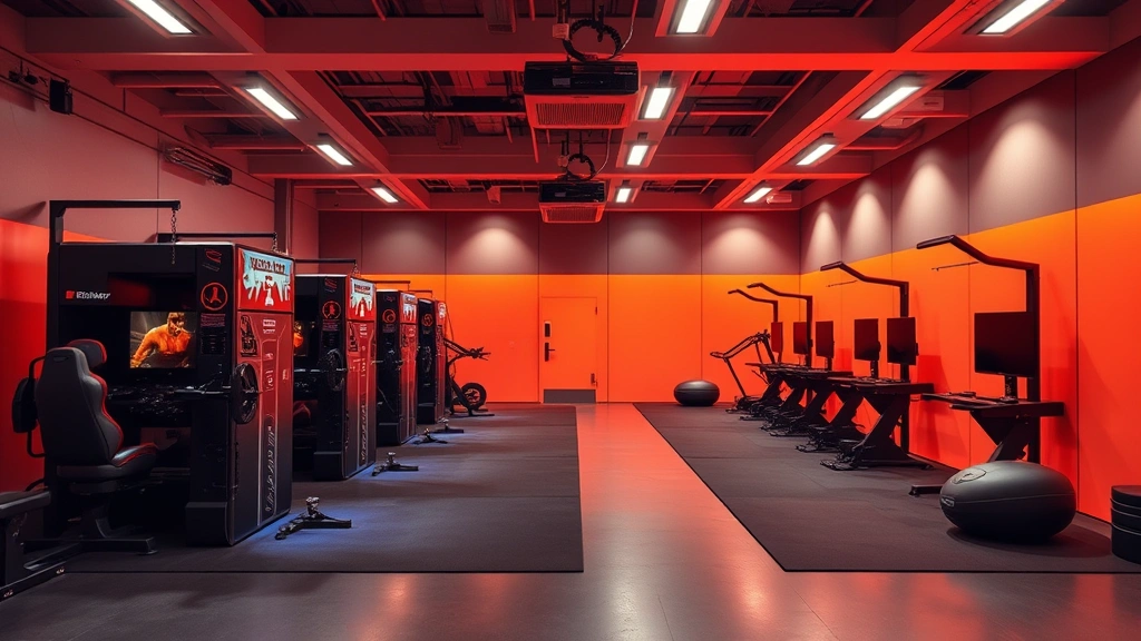 Elite athlete training facility with gaming pods and recovery equipment integrated together, showing the balance between physical conditioning and esports preparation, modern sports science aesthetic