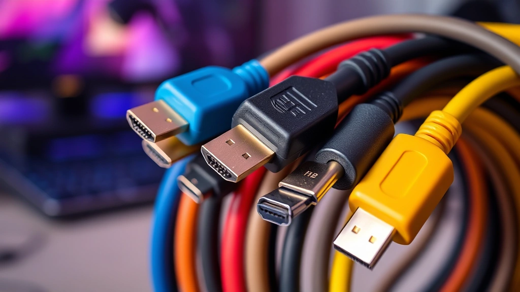 Close-up of multiple HDMI cables in different colors neatly organized and coiled, displaying various HDMI connector types and cable qualities, realistic cable texture details, soft studio lighting, gaming room background blurred