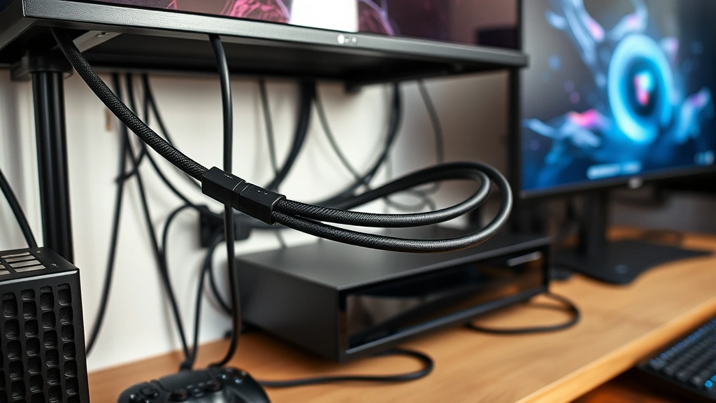 Organized gaming setup with properly routed and secured HDMI cables using management clips and sleeves, clean cable management system, gaming console and high-end monitor visible, well-lit room showing best practices for cable organization
