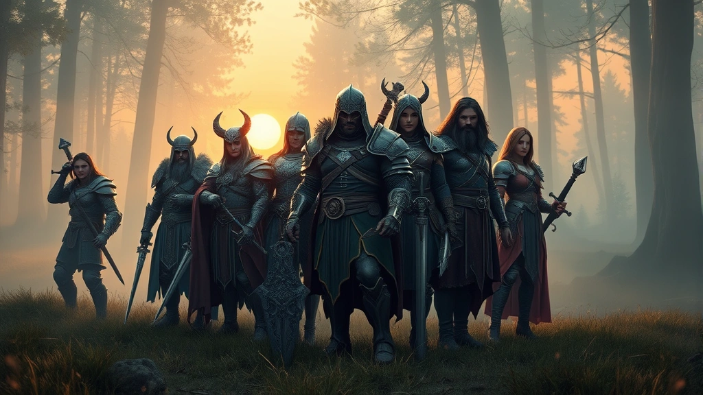 A diverse party of fantasy characters standing together in a misty forest clearing, each character showing distinct armor and weapons, photorealistic fantasy art style, dramatic lighting from golden sunset, no UI elements or text
