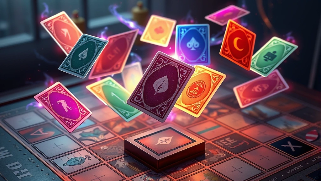 Multiple colorful deck cards floating in mid-air above a game board with tactical grid, glowing magical effects around cards, rich jewel tones and metallic accents, photorealistic 3D rendering, no card text visible