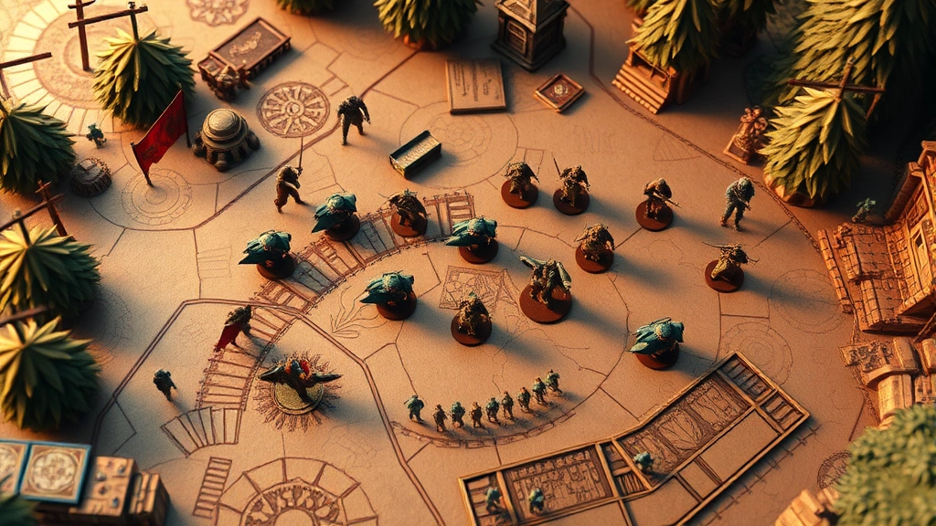 A strategic battle scene with miniature-style characters positioned on an intricate game board with terrain features, overhead perspective, warm ambient lighting, detailed environment with trees and structures, no health bars or text overlays