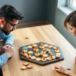 Two players sitting at table playing abstract strategy board game with wooden pieces and hexagonal tiles, focused concentration on faces, modern minimalist board game setup, natural lighting from window, close-up shot of game components