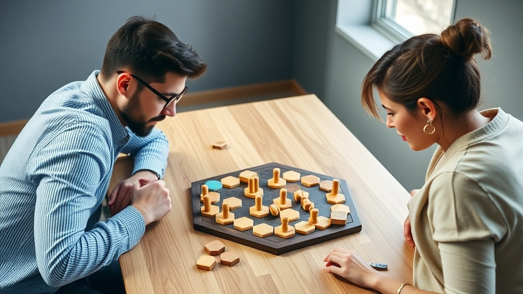 Two players sitting at table playing abstract strategy board game with wooden pieces and hexagonal tiles, focused concentration on faces, modern minimalist board game setup, natural lighting from window, close-up shot of game components