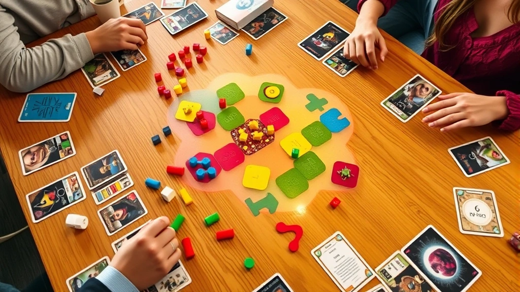 Colorful cooperative board game in progress with disease cubes, player tokens, and card decks spread across wooden table, vibrant game components mid-gameplay, players' hands visible making strategic moves, warm indoor lighting, overhead angled perspective