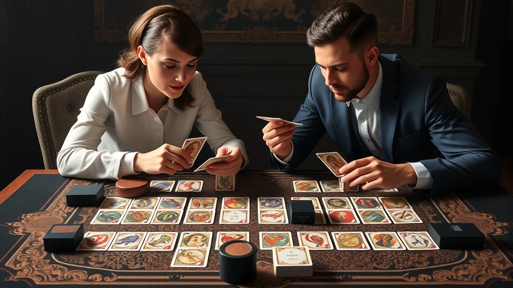 Elegant two-player card game with beautifully designed cards laid out in tableau formation, luxury board game components with rich colors, players studying cards thoughtfully across from each other, soft dramatic lighting, professional product photography style