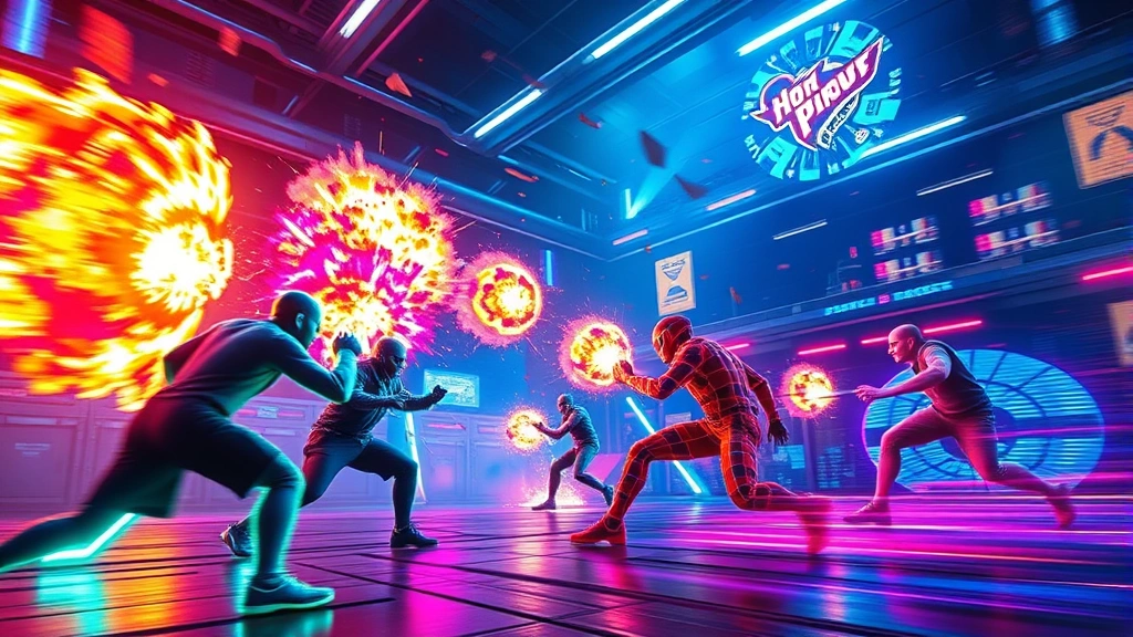 Intense arcade-style action game battle scene with colorful explosions, neon glowing characters fighting in futuristic arena, dynamic movement blur, high energy visual effects, photorealistic lighting